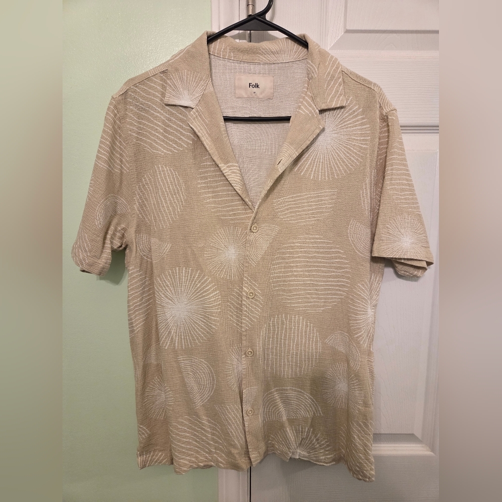 Folk Beige Camp Casual Button Down Shirt with White Burst Print